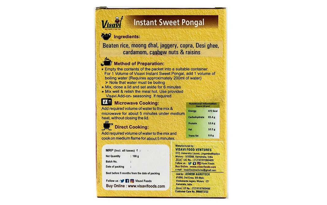 Visavi Instant Sweet Pongal    Box  100 grams